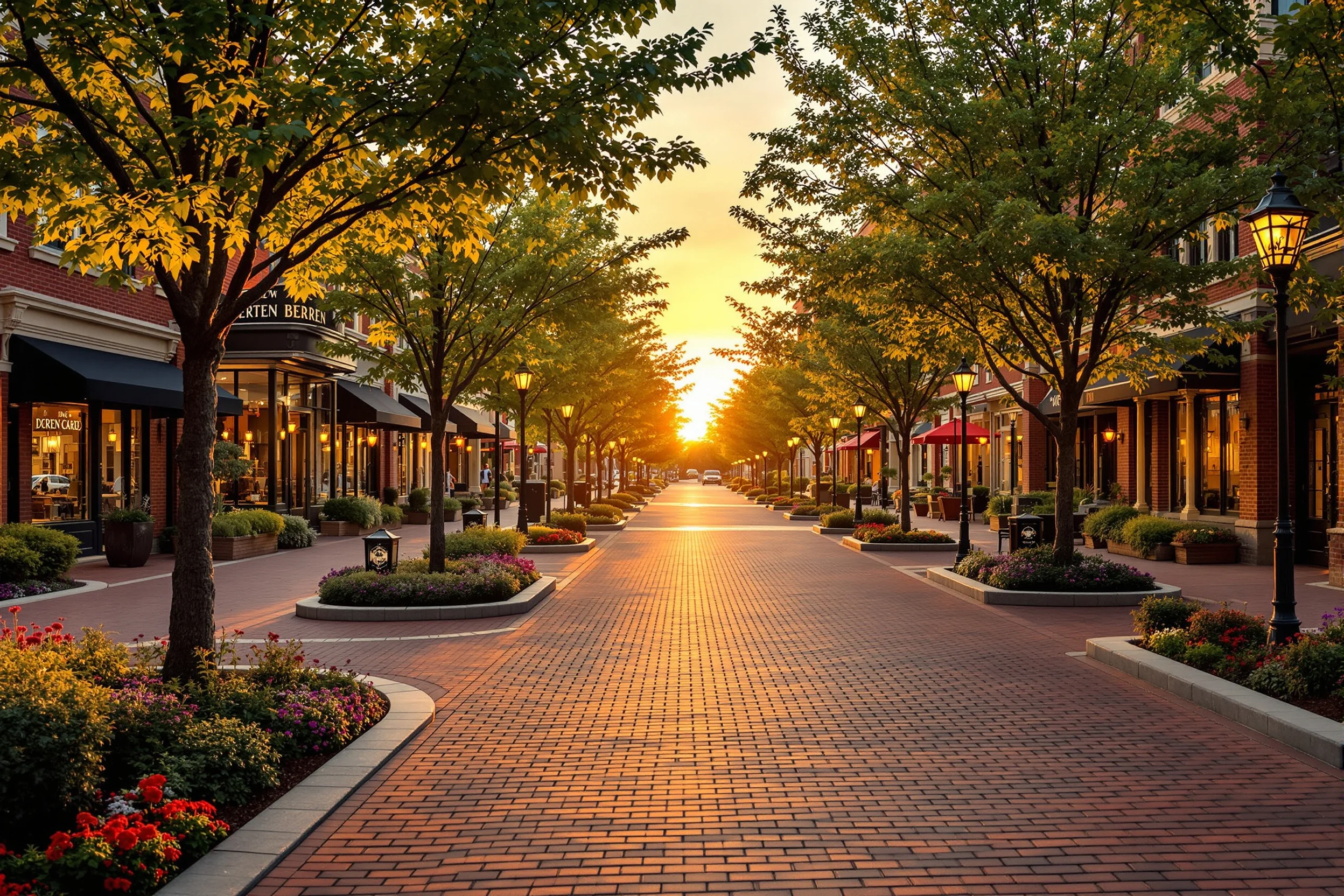 A warm, inviting upscale town center at golden hour, representing an approachable conversation with Remnant Wealth