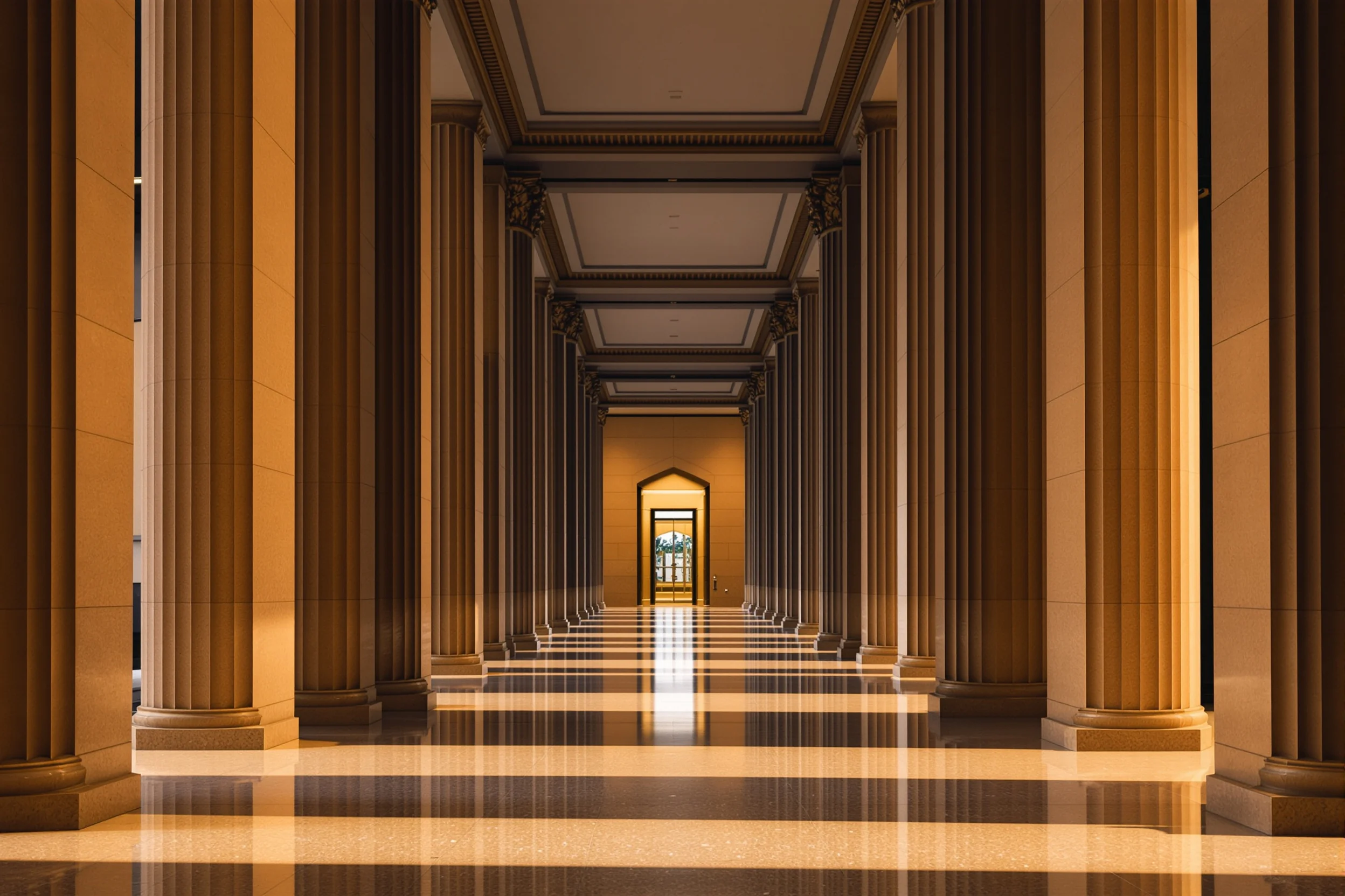 A calm symmetrical colonnade inside a prestigious financial institution in warm light, representing disciplined, institutional-grade investment management